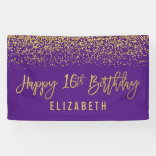 Modern Purple Faux Gold Glitter 16th Birthday Banner