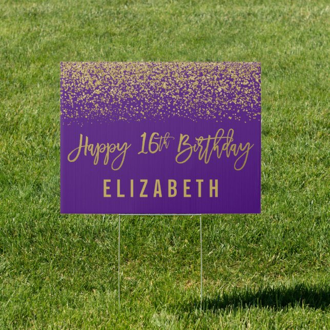 Modern Purple Faux Gold Glitter 16th Birthday Yard Sign (Insitu)