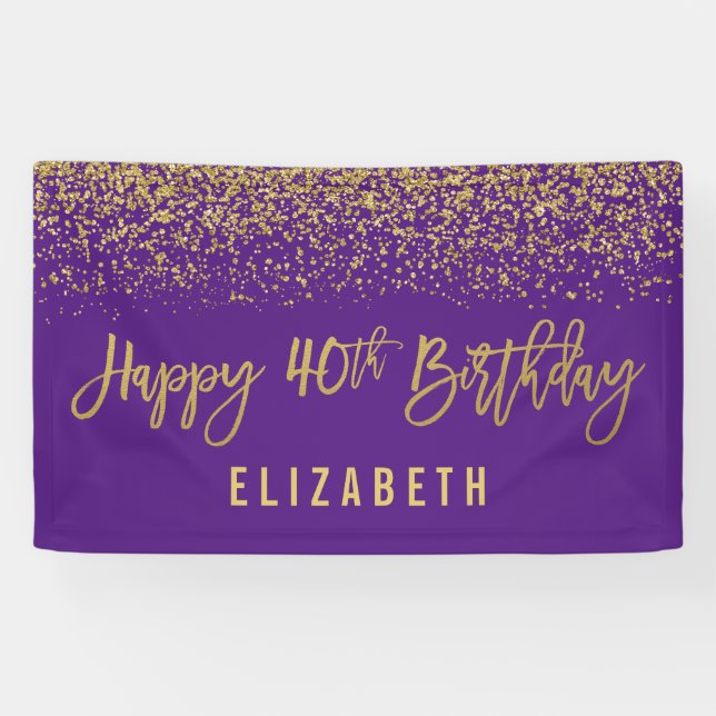 Modern Purple Faux Gold Glitter 40th Birthday Banner (Horizontal)