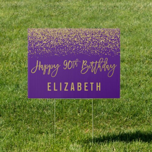 Modern Purple Faux Gold Glitter 90th Birthday Sign