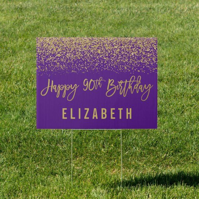 Modern Purple Faux Gold Glitter 90th Birthday Sign (Insitu)
