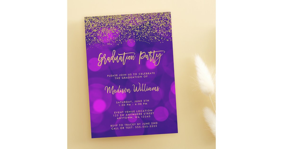 Modern Purple Faux Gold Glitter Graduation Party Invitation | Zazzle