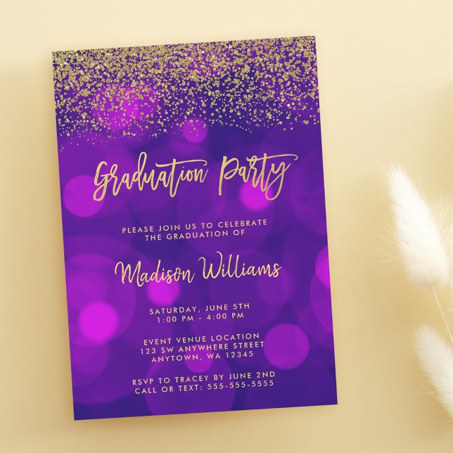 Modern Purple Faux Gold Glitter Graduation Party Invitation (Creator Uploaded)