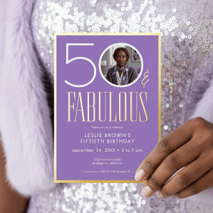 Modern Purple Fifty Fabulous Photo Birthday Foil Invitation