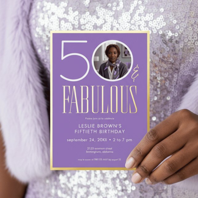 Modern Purple Fifty Fabulous Photo Birthday Foil Invitation (Creator Uploaded)