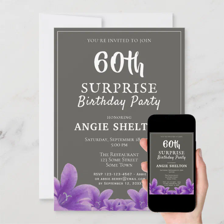 Modern Purple Floral 60th Surprise Birthday Party Invitation | Zazzle