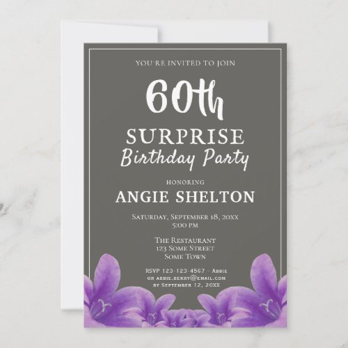 Modern Purple Floral 60th Surprise Birthday Party Invitation