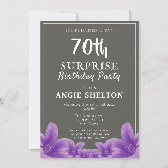 Modern Purple Floral 70th Surprise Birthday Party Invitation (Front)