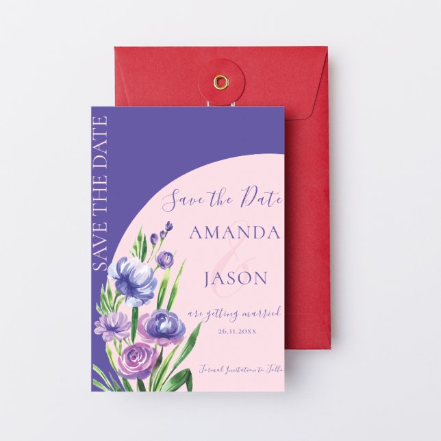 Modern Purple Floral Blush Wedding Save the Date (Purple Floral Blush Elegant Wedding Save the Date Invitation)