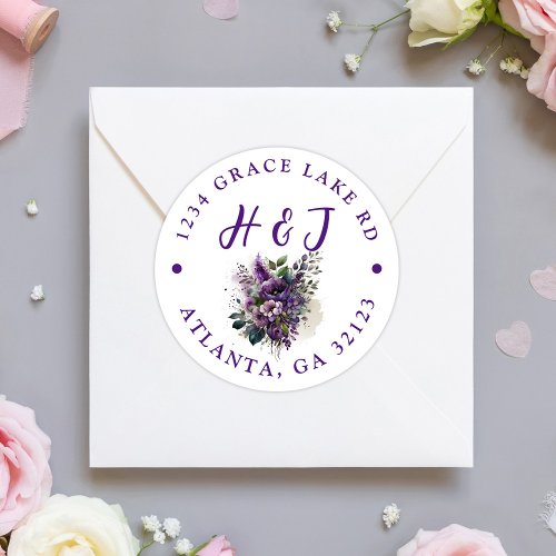 Modern Purple Floral Boho Wedding Return Address Classic Round Sticker