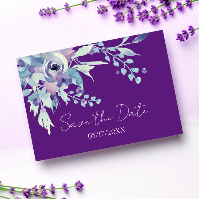 Modern Purple Floral Boho Wedding Save The Date Postcard (Creator Uploaded)