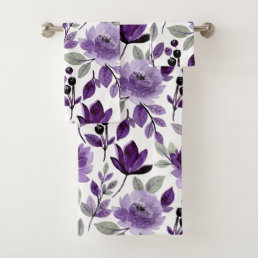 Modern Purple Floral Botanical Watercolor Bath Towel Set