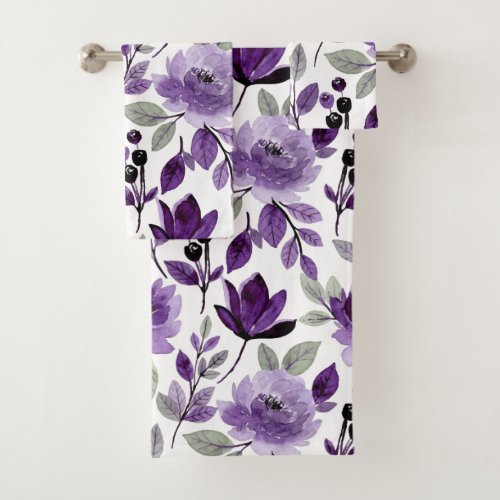 Modern Purple Floral Botanical Watercolor Bath Towel Set