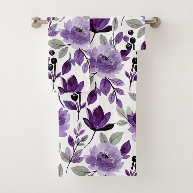 Modern Purple Floral Botanical Watercolor Bath Towel Set Zazzle