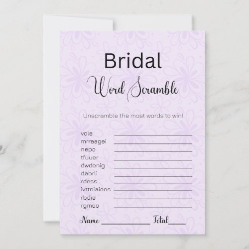 Modern Purple Floral Bridal Word Scramble Game Invitation