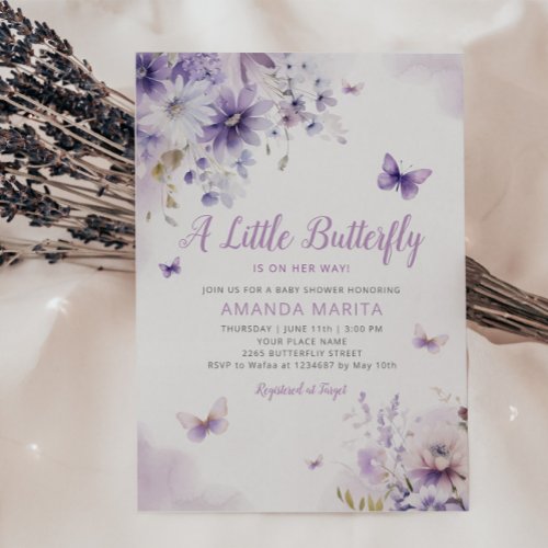 Modern Purple Floral Butterfly Girl Baby Shower Invitation