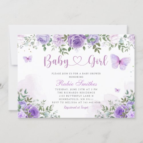 Modern Purple Floral Butterfly Girl Baby Shower    Invitation