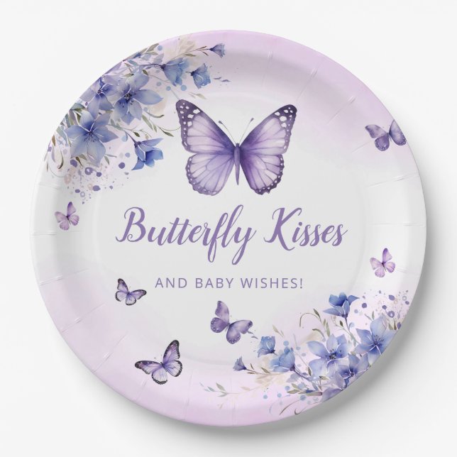 Modern Purple Floral Butterfly Girl Baby Shower  Paper Plates (Front)