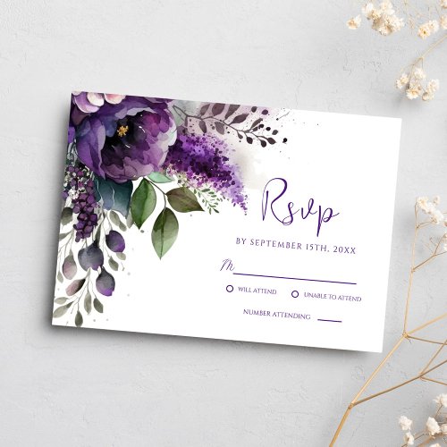 Modern Purple Floral Elegant Botanical Wedding RSVP Card