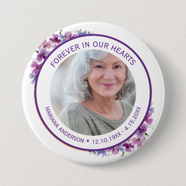 Modern Purple Floral Forever in our Hearts  Button (Front)