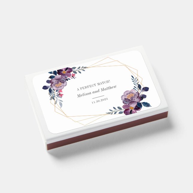Modern Purple Floral Geometric Frame Wedding Favor Matchboxes (Front Closed)
