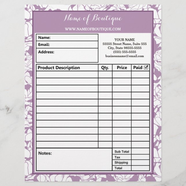 Modern Purple Floral Girly Beauty Salon Order Form Letterhead (Front)