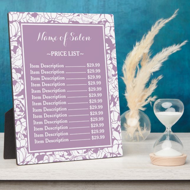 Modern Purple Floral Girly Beauty Salon Price List Plaque (Side)