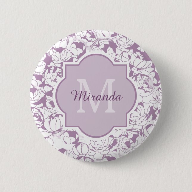 Modern Purple Floral Girly Monogram With Name Button (Front)