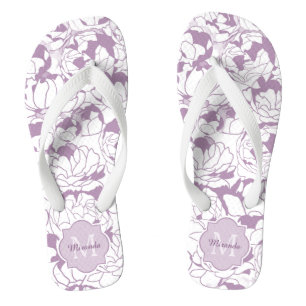 Modern Purple Floral Girly Monogram With Name Flip Flops