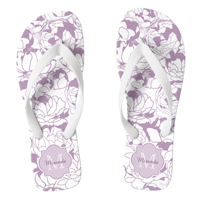 Modern Purple Floral Girly Monogram With Name Flip Flops (Footbed)