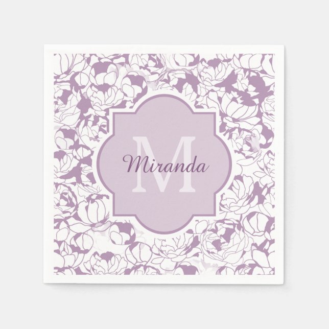 Modern Purple Floral Girly Monogram With Name Paper Napkins (Front)