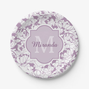 Modern Purple Floral Girly Monogram With Name Paper Plates