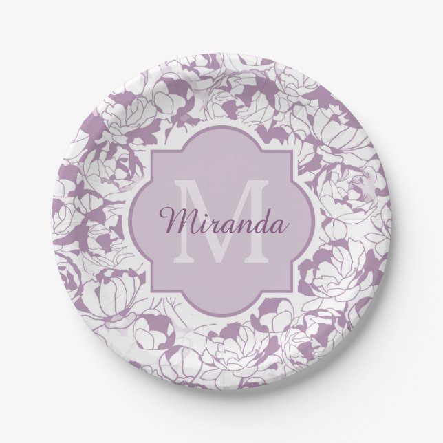 Modern Purple Floral Girly Monogram With Name Paper Plates (Front)