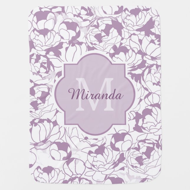 Modern Purple Floral Girly Monogram With Name Receiving Blanket (Front)