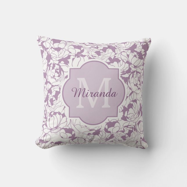 Modern Purple Floral Girly Monogram With Name Throw Pillow (Front)