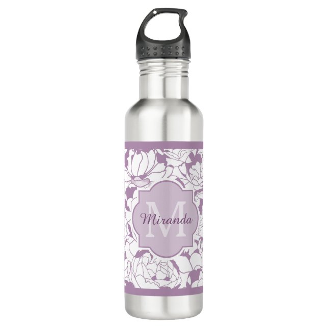 Modern Purple Floral Girly Monogram With Name Water Bottle (Front)
