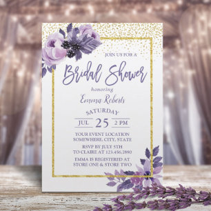 Modern Purple Floral Gold Frame Bridal Shower Invitation