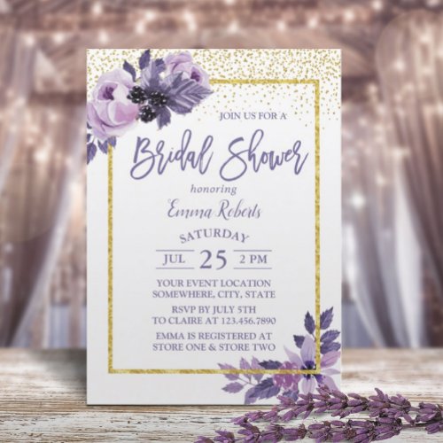 Modern Purple Floral Gold Frame Bridal Shower Invitation