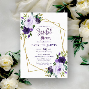 Modern Purple Floral Gold Geometric Bridal Invite