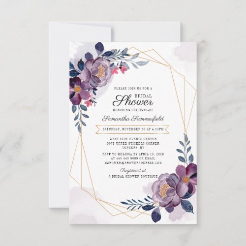 Modern Purple Floral Gold Geometric Bridal Shower Invitation