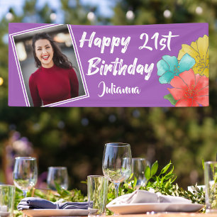 Modern Purple Floral Happy 21st Birthday Photo Banner