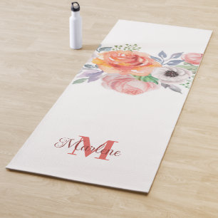 Modern purple floral pattern watercolor monogram yoga mat