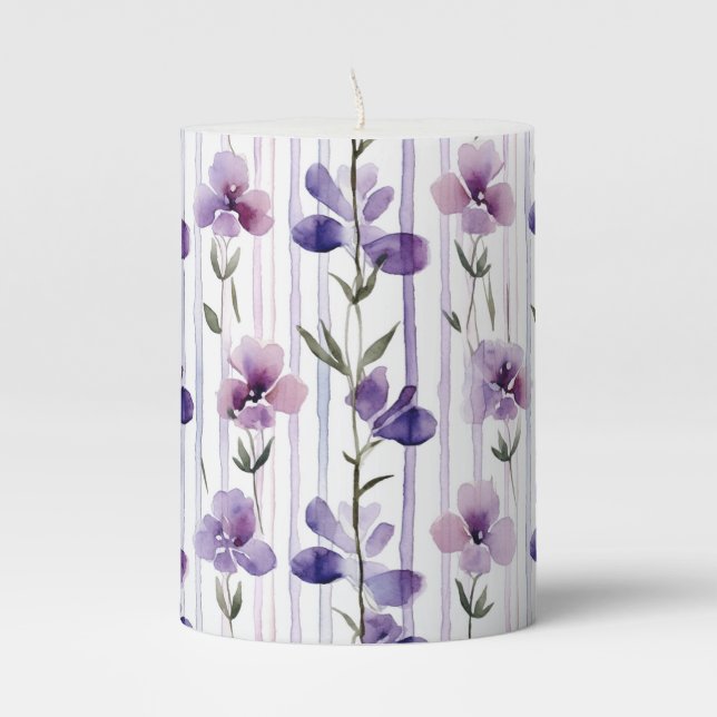 Modern purple floral pattern watercolor  pillar candle (Front)