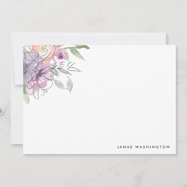 Modern Purple Floral Personalized Stationery Note Card (Front)