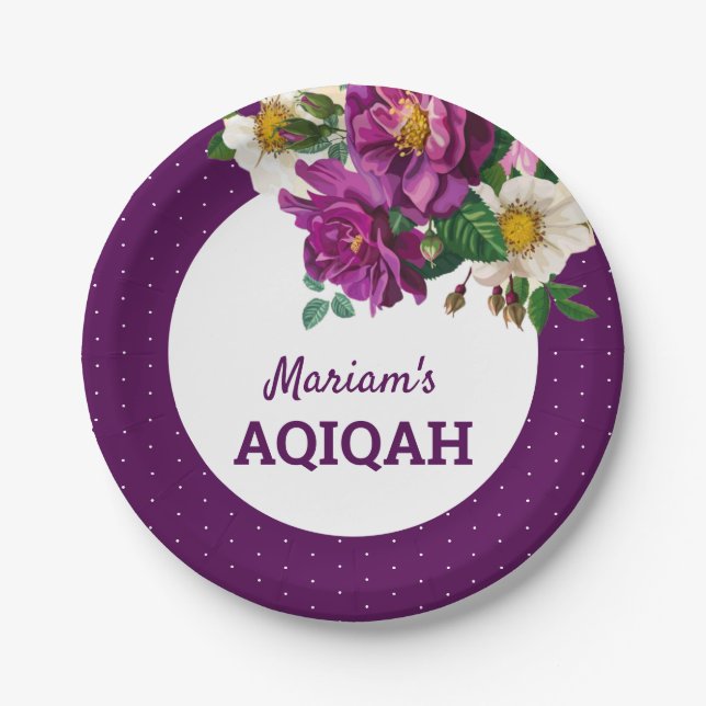 Modern Purple Floral Polka Dots Aqiqah Paper Plates (Front)