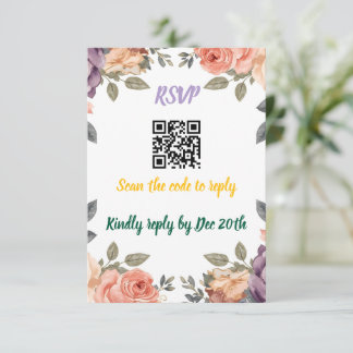 Modern Purple Floral QR Code RSVP | Scan to Reply  Enclosure Card