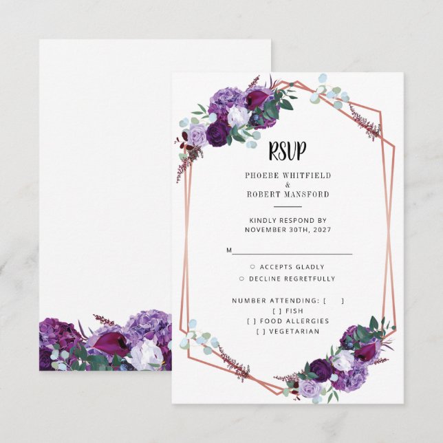 Modern Purple Floral Rose Gold Geometric Frame Invitation (Front/Back)