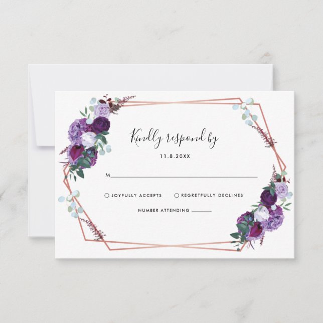 Modern Purple Floral Script Wedding RSVP Card (Front)