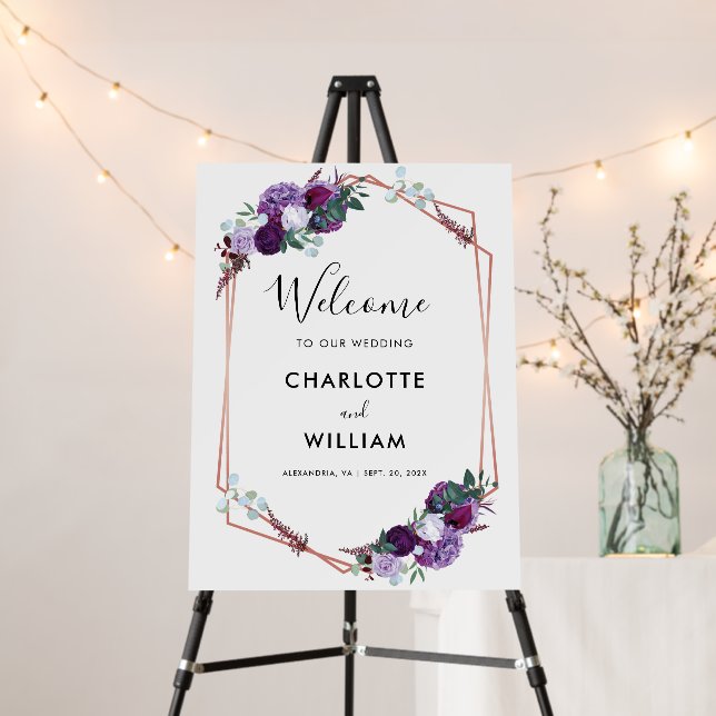 Modern Purple Floral Script Wedding Welcome Foam Board (In Situ (Stand))
