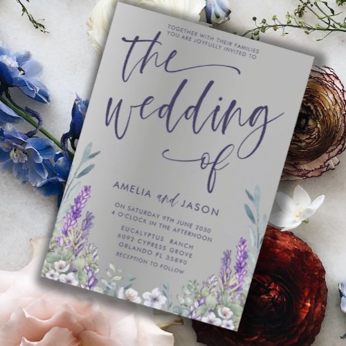 Modern Purple Floral  Silver Metallic Wedding Invitation